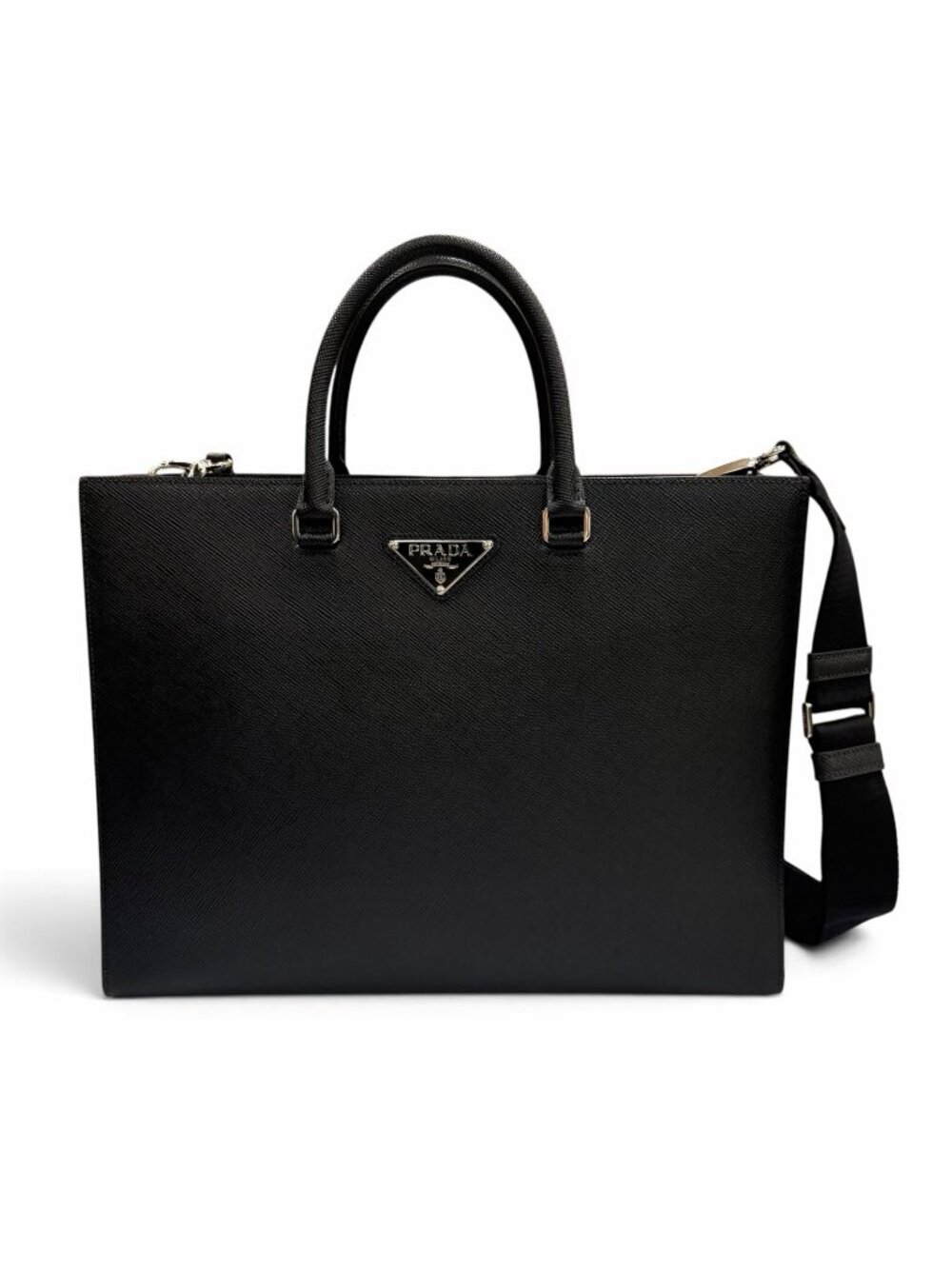 Prada Saffiano Leather 2-Way Tote Black Silver